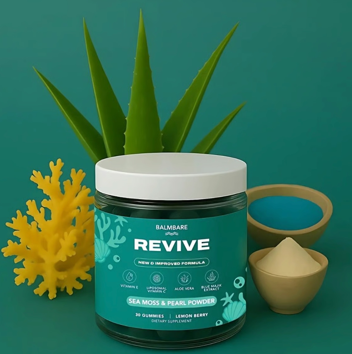 Container of Revive gummies with aloe, coral, bowls of powder on teal background.