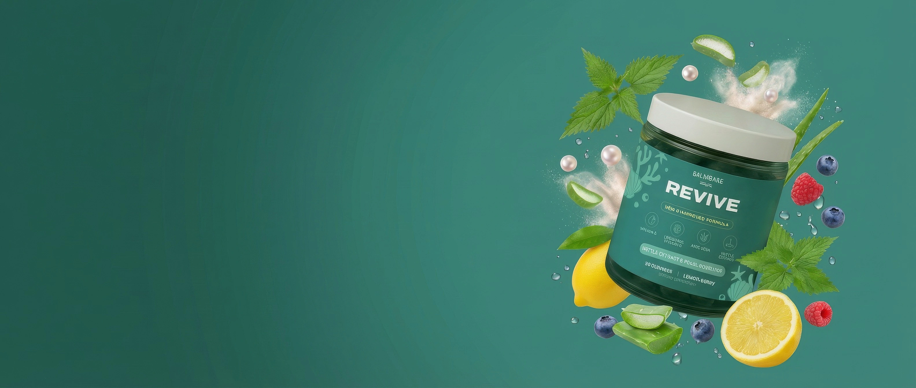 A jar of Balmbare Revive gummies surrounded by its ingredients: lemon, berries, aloe, nettle, and pearls.