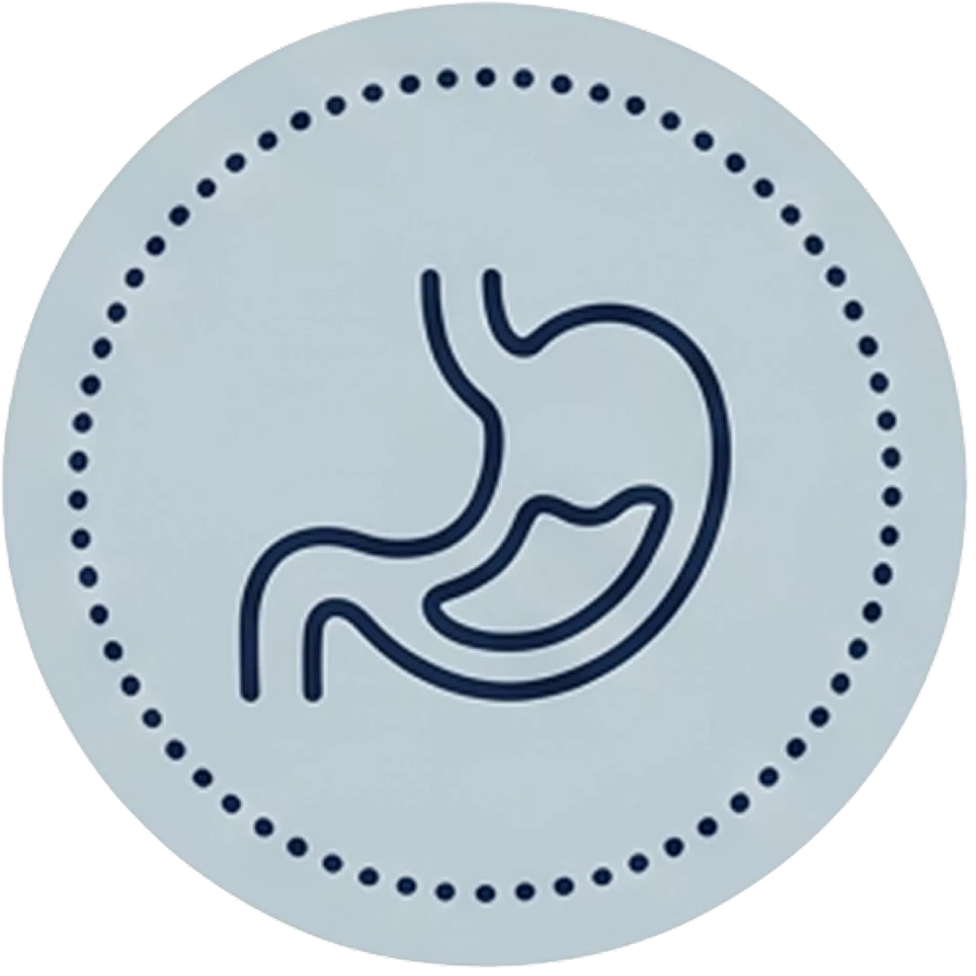 A line drawing icon of a stomach inside a dotted circle.