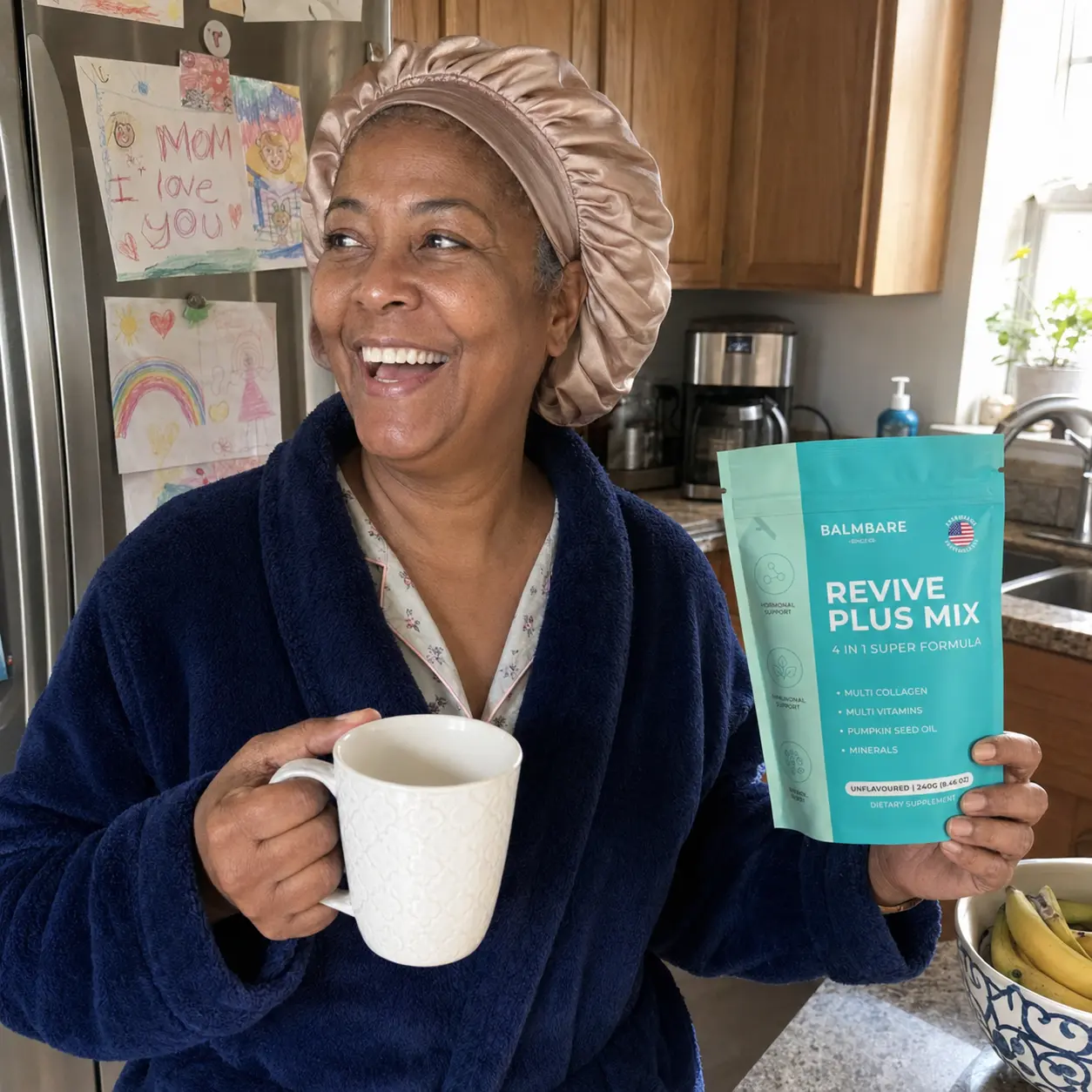 A smiling woman in a robe and bonnet holds a mug and a pouch of Revive Plus Mix.