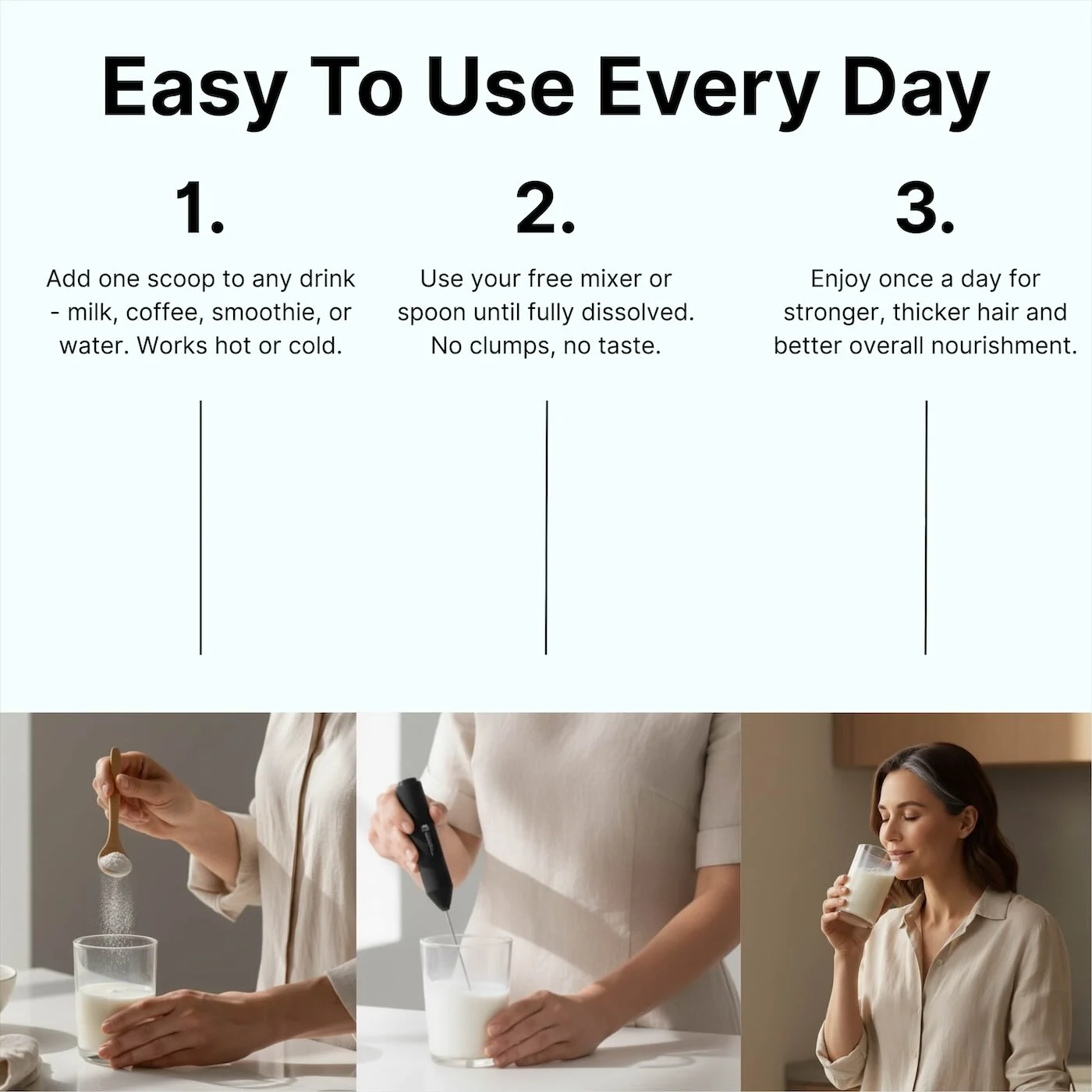 Steps to mix and enjoy a nutritional drink with images of preparation and consumption.