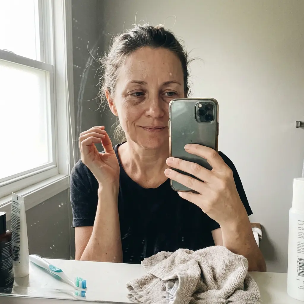 A woman with her hair up takes a selfie in a bathroom mirror, with skincare product on her face.