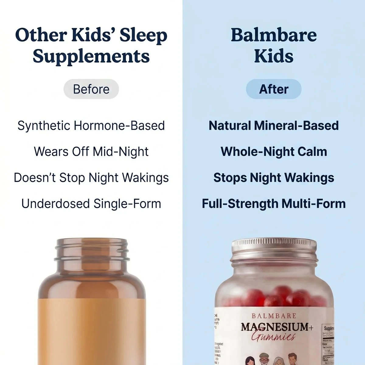 A comparison graphic showing the benefits of Balmbare Kids magnesium gummies over other kids' sleep supplements.