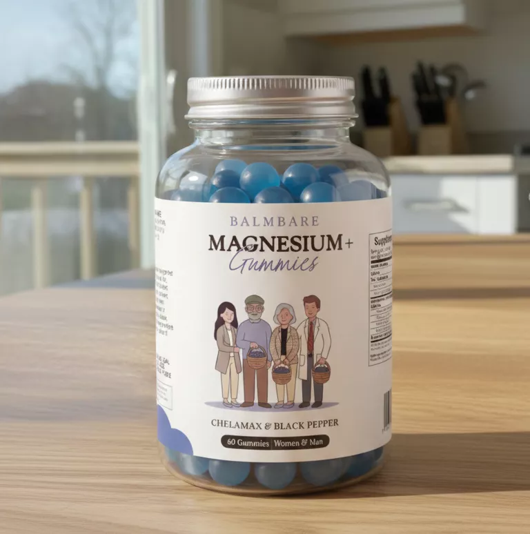 A clear jar of blue Balmbare Magnesium+ Gummies sits on a wooden table in a sunlit kitchen.