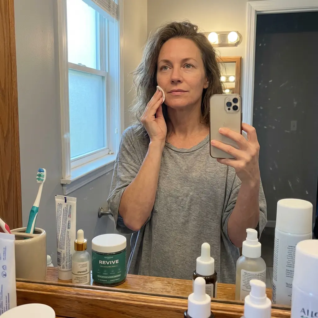 A woman takes a mirror selfie while applying a product to her face with a cotton pad.