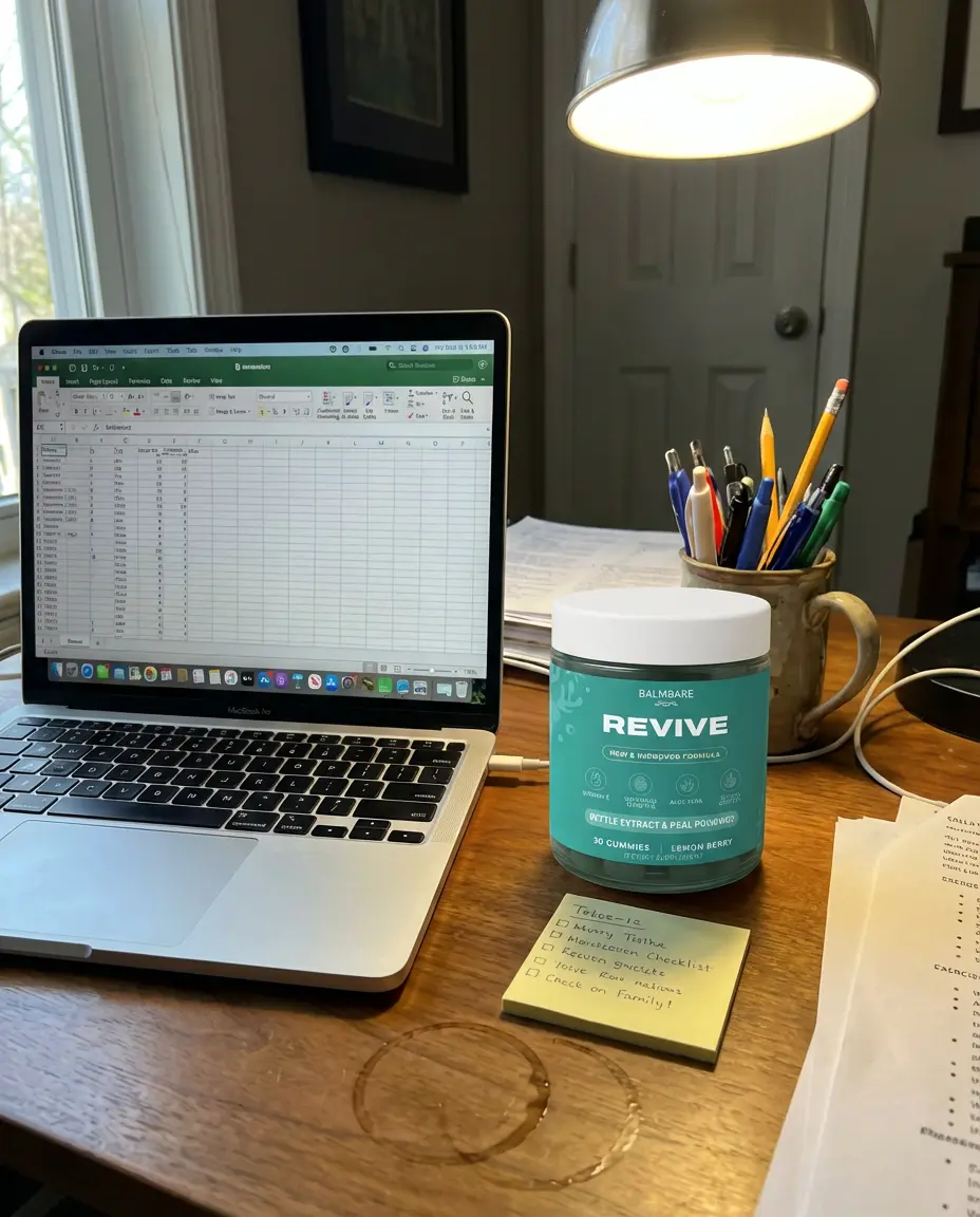 A jar of Balmbare Revive gummies sits on a wooden desk next to a laptop with a spreadsheet.