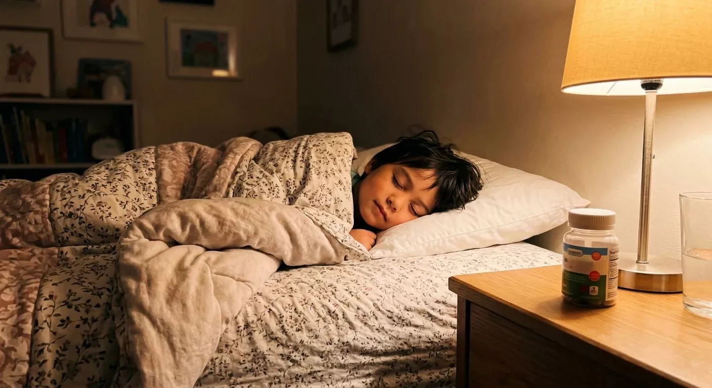 A young child sleeps in a bed, with a lamp and a bottle of pills on the bedside table.