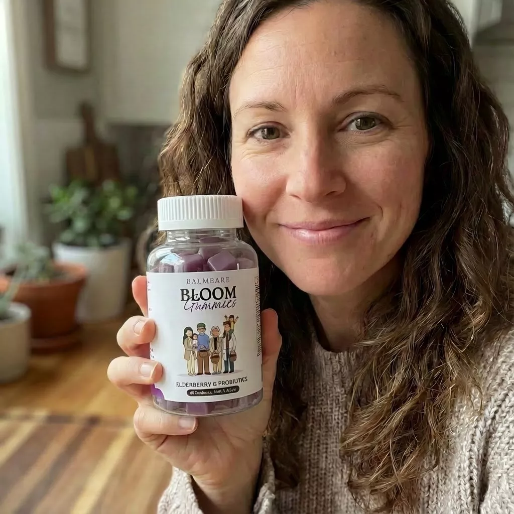 A smiling woman in a sweater holds a bottle of Balmbare Bloom Gummies in a kitchen.