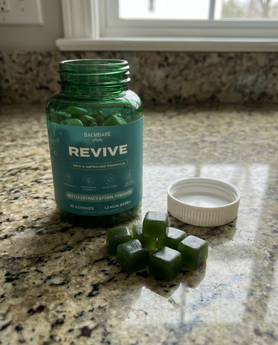 An open green bottle of Balmbare Revive gummies on a granite countertop with several gummies spilled out.