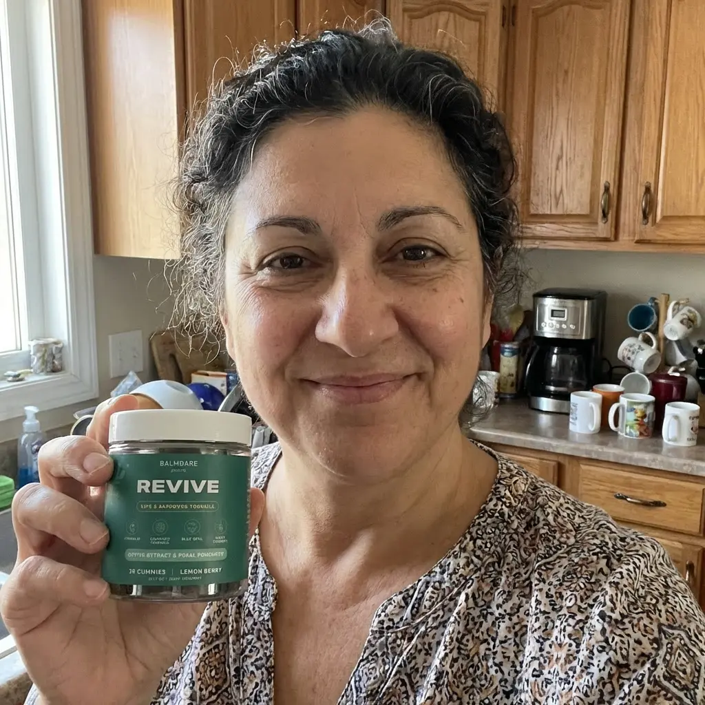 A smiling woman in a kitchen holds up a small jar of Balmdare Revive gummies.