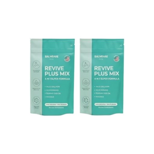 Two teal packets labeled 'Revive Plus Mix' with text and symbols.