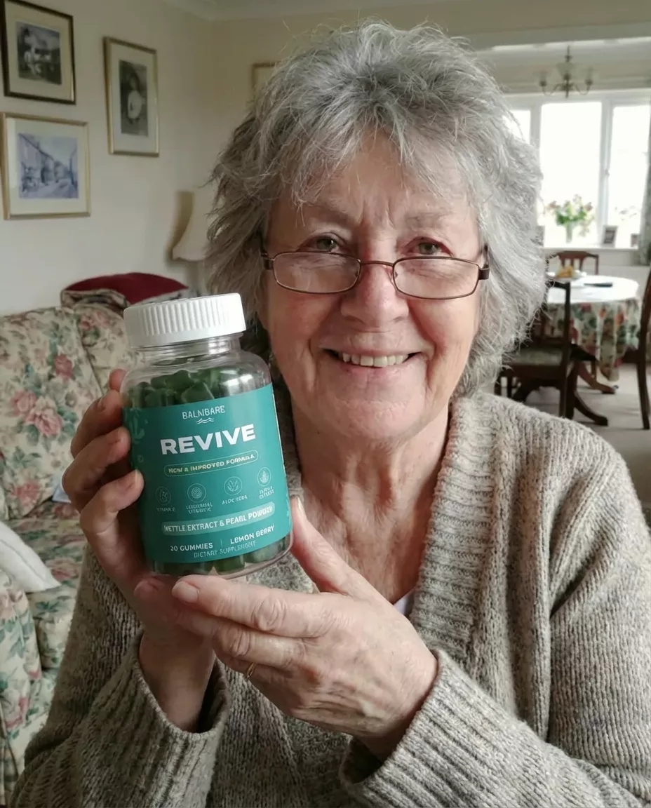 An older woman with grey hair and glasses smiles while holding a bottle of Balnbare Revive gummies.