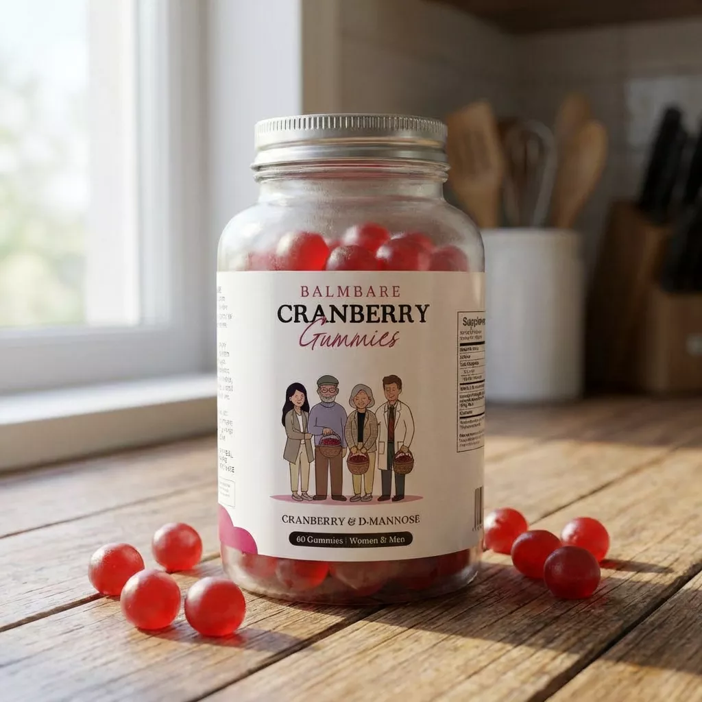 A jar of Balmbare Cranberry Gummies sits on a wooden countertop with some gummies spilled beside it.