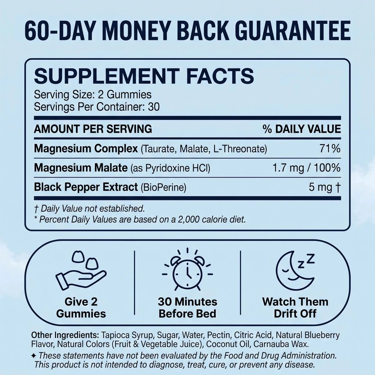 The supplement facts label for a magnesium gummy product, including ingredients and directions for use.