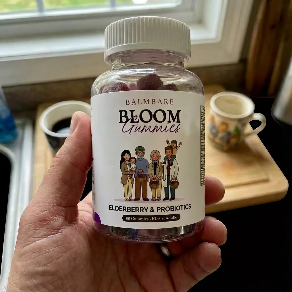 A hand holds a clear bottle of Balmbare Bloom Gummies, which are elderberry and probiotic supplements.