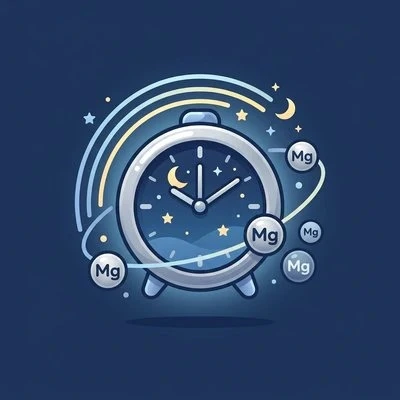 A cartoon illustration of an alarm clock with a night sky face, orbited by magnesium (Mg) molecules.