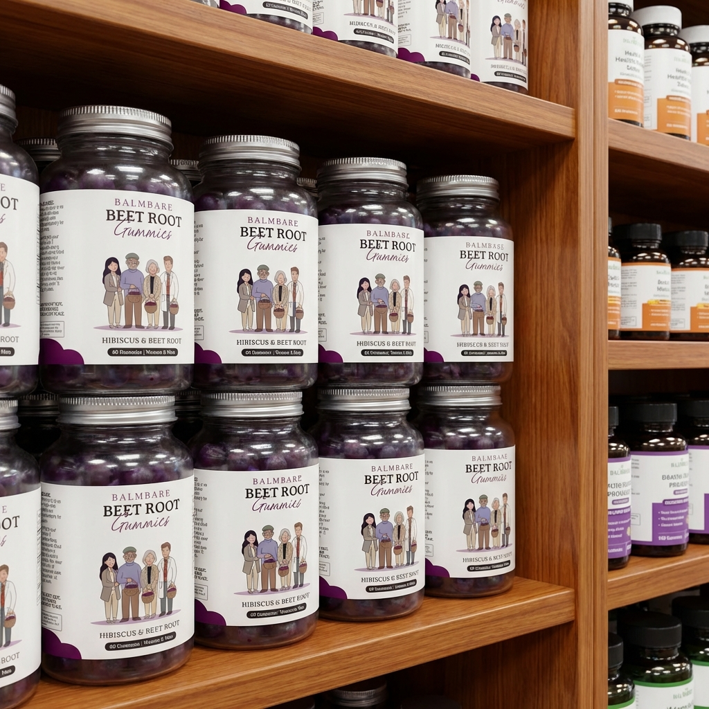 Jars of Balmbare Beet Root Gummies with purple gummies inside, arranged on wooden shelves.