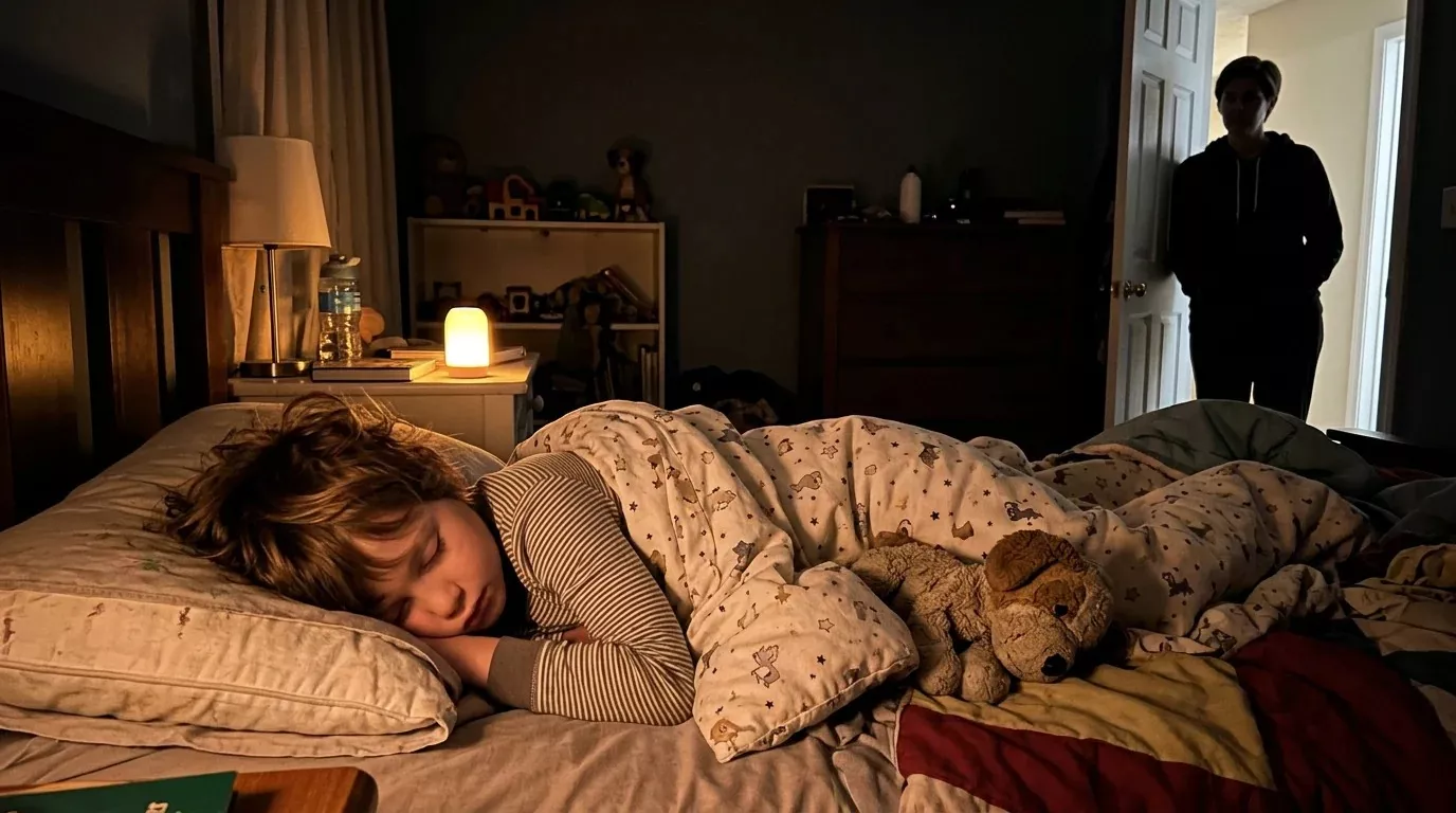 A child sleeps in a dimly lit bedroom as a person stands silhouetted in the doorway.