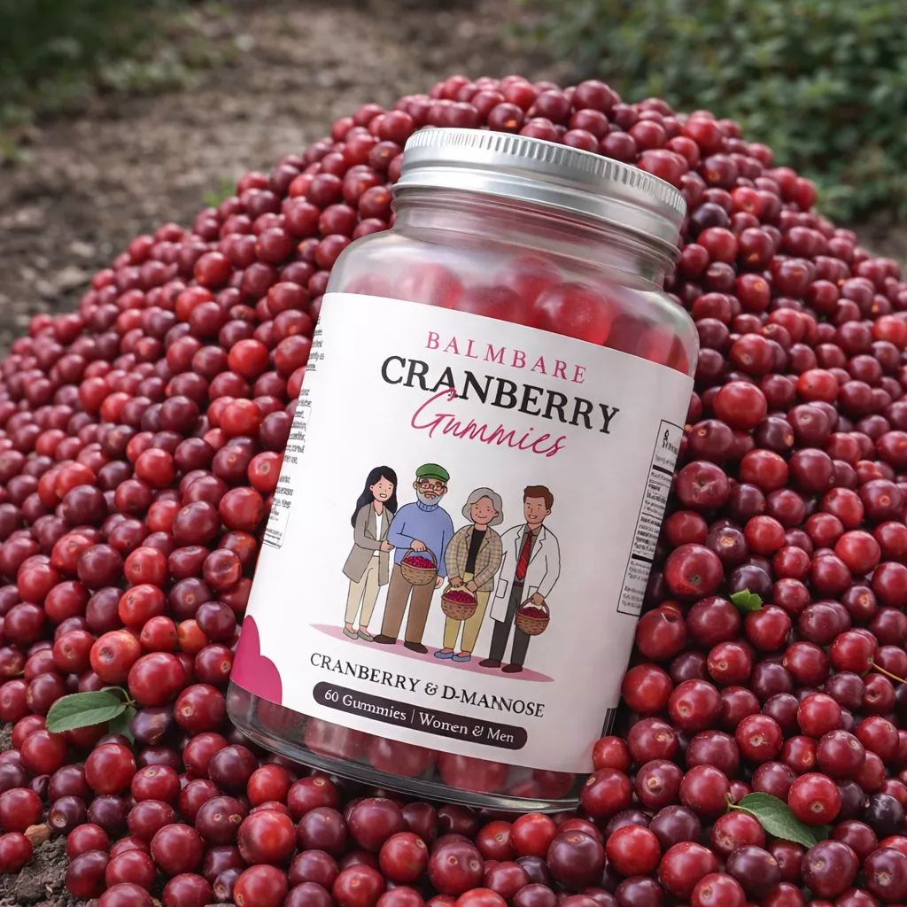 A jar of Balmbare Cranberry Gummies rests on a large pile of fresh cranberries outdoors.