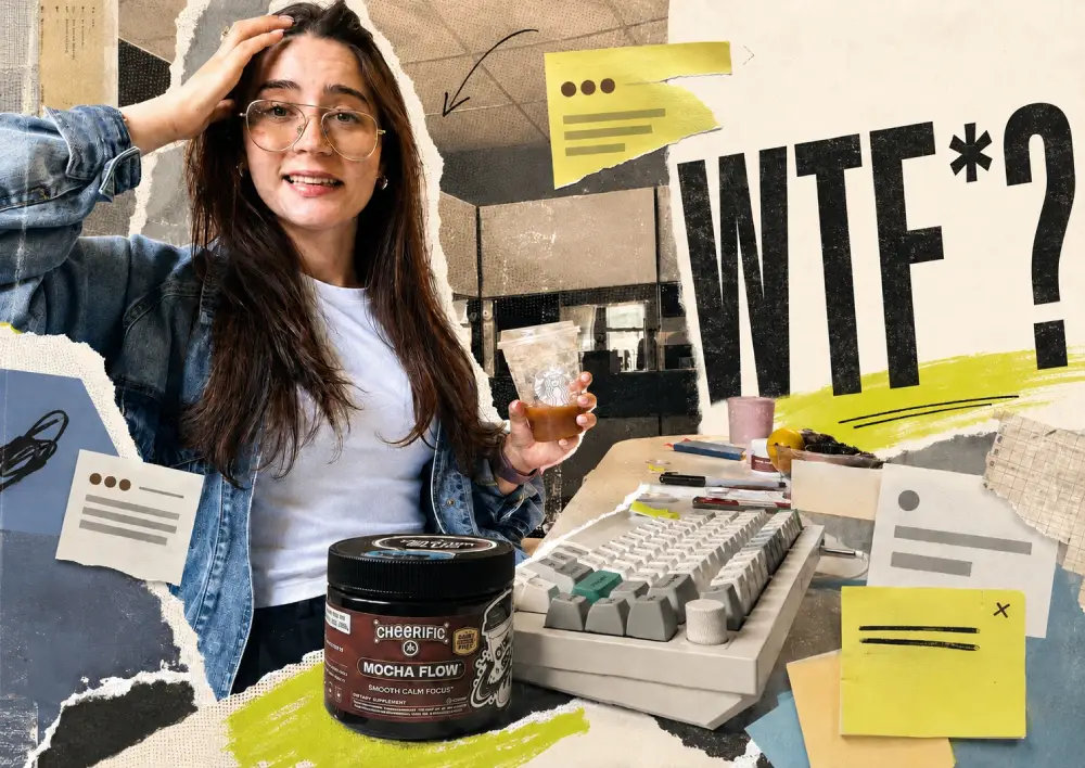 A collage-style image of a woman looking stressed at her desk with a keyboard and a product container.