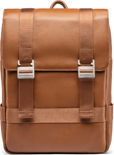 A light brown leather backpack with two vertical straps and silver buckles on the front flap.