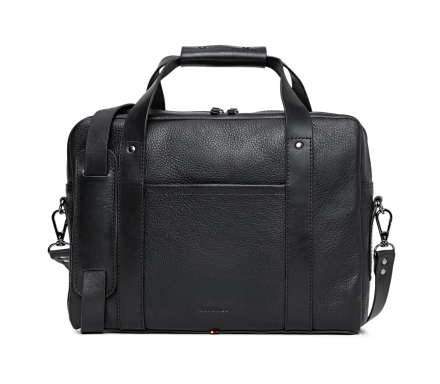 A black pebbled leather briefcase with top handles and a detachable shoulder strap, shown on a white background.