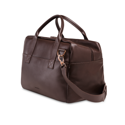 A dark brown duffel bag with handles and a shoulder strap, isolated on a white background.
