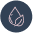 A dark blue circle with a pink leaf and water droplet icon.