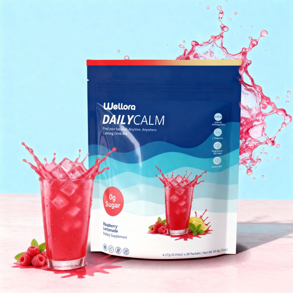Packet of raspberry lemonade drink mix with splash effect and fresh raspberries.