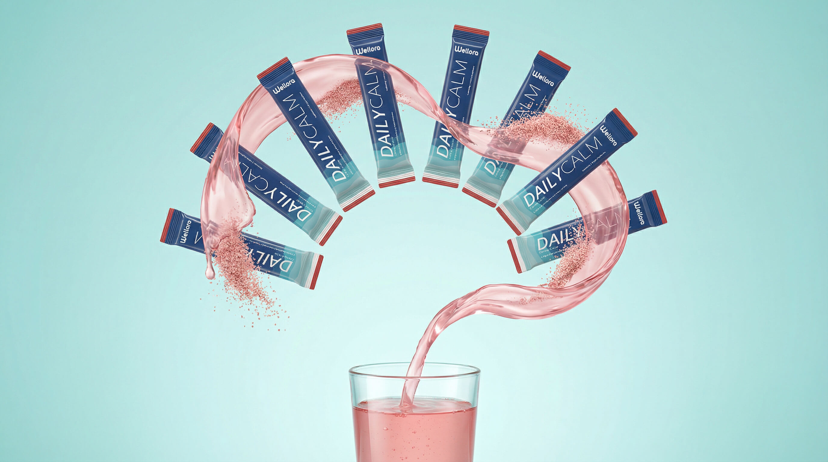 Packets labeled Daily Calm pouring pink powder into a glass.