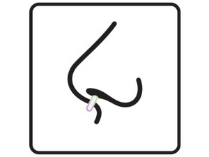 Simple line drawing of a nose with a pill at the nostril.