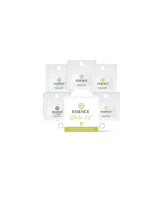 Five labeled product packets arranged in a grid, centered with a focus on the starter kit.