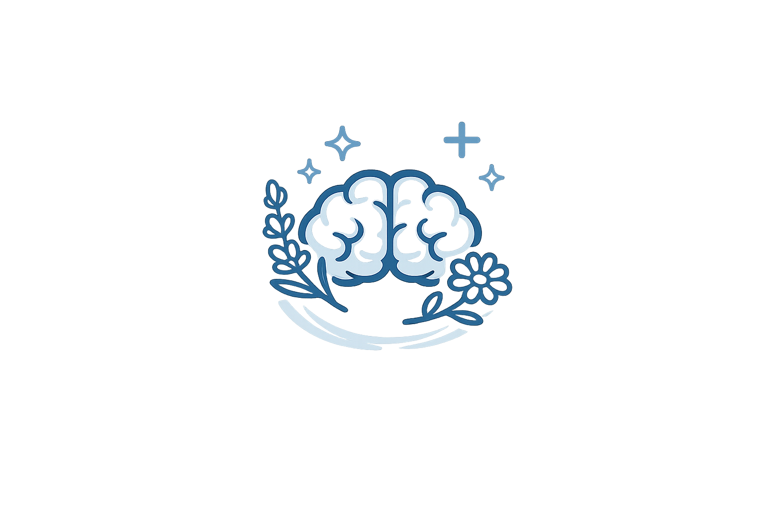 A glowing blue illustration of a brain surrounded by flowers and sparkles on a dark, graded background.