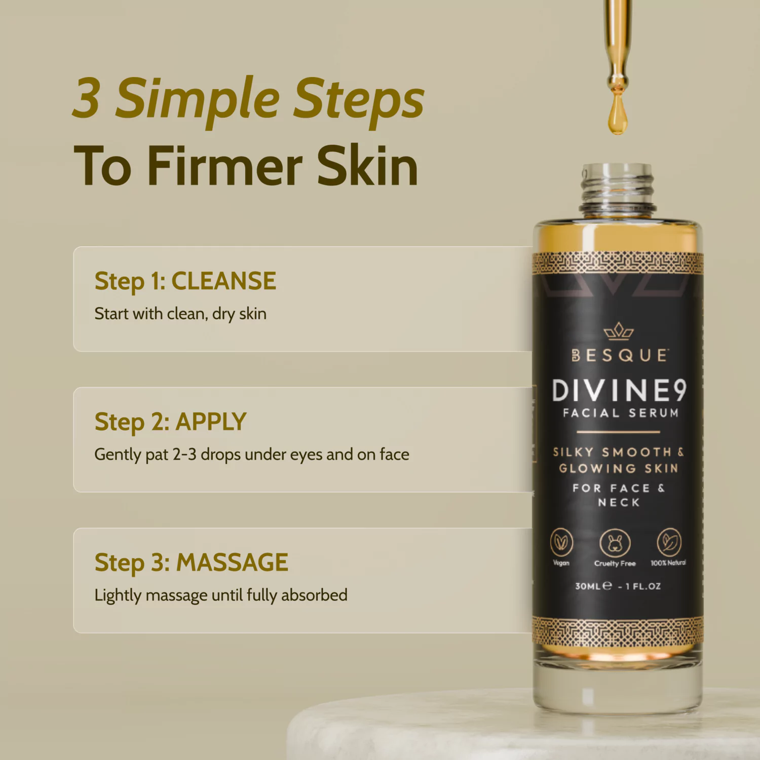 Facial serum bottle with three steps for firmer skin beside it.