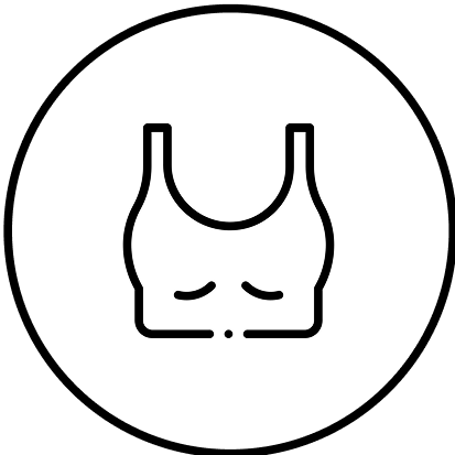 Simple line drawing of a sports bra inside a circle.