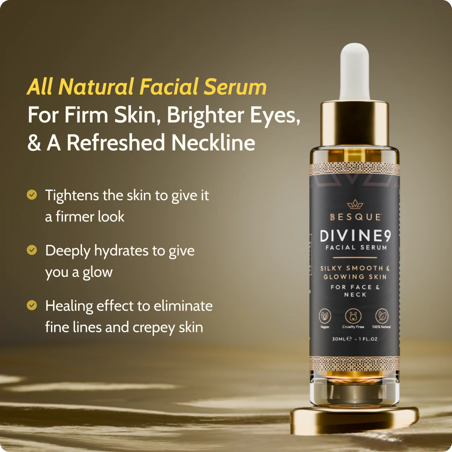 Facial serum bottle with text highlighting benefits for skin firmness and hydration.