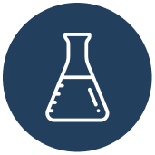 A white line icon of a chemical flask inside a dark blue circle.