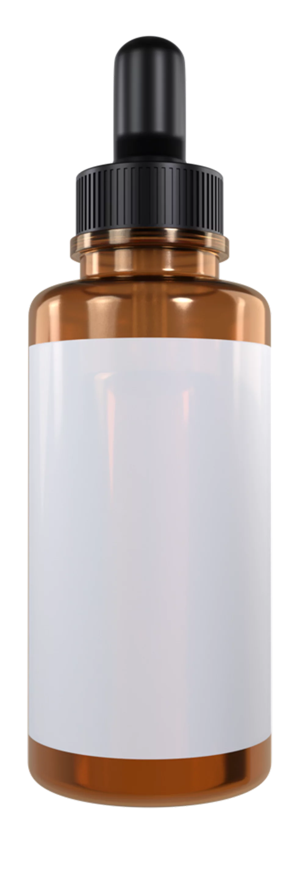 Brown glass dropper bottle with a blank white label.