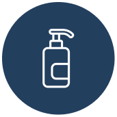 A white line icon of a pump bottle inside a dark blue circle.
