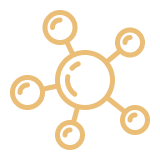 Abstract icon with a central circle connected to five smaller circles.