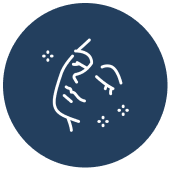 A white line art icon of a stylized face with sparkles on a dark blue circular background.