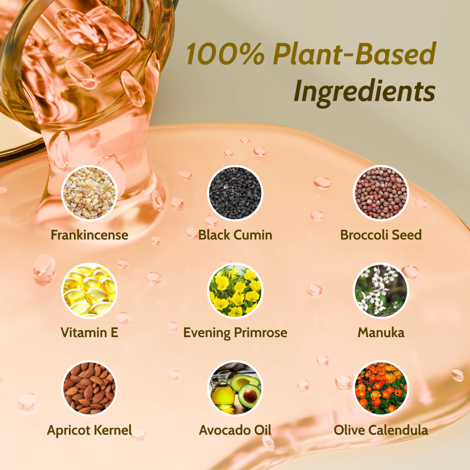 Image of nine plant-based ingredients with oil and text.