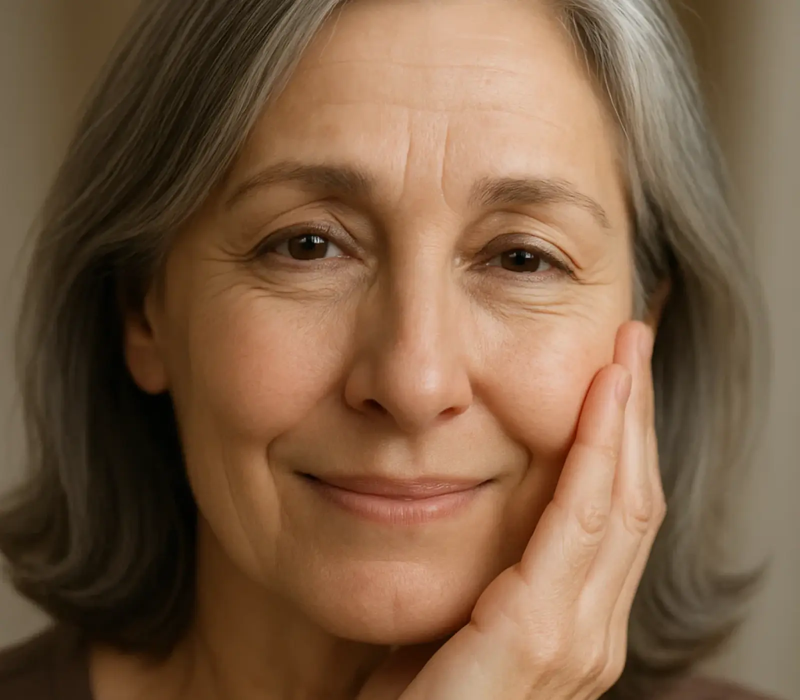 Woman with gray hair resting her face on her hand.