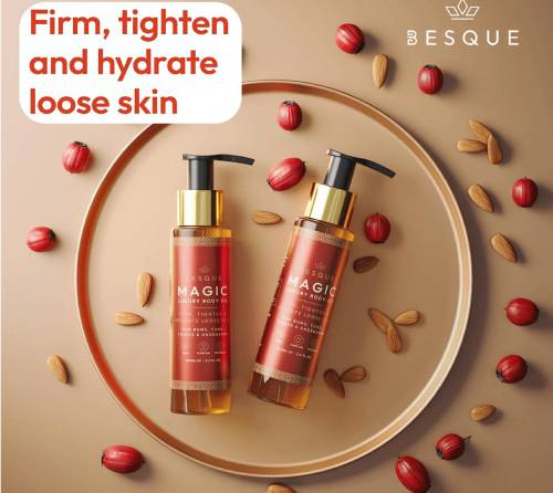 Two skincare bottles surrounded by almonds and red berries on a beige background.