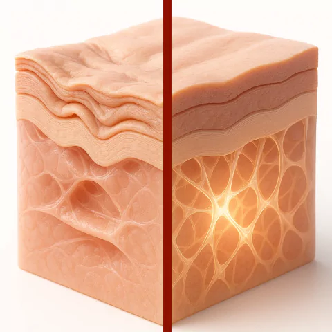 Illustration of skin layers comparison with light effect, divided by a red line.