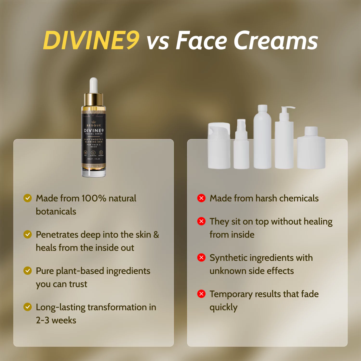 Comparison between DIVINE9 and generic face creams with listed benefits and drawbacks.