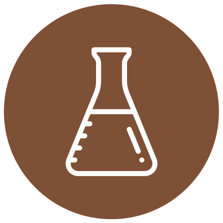 White laboratory flask icon on a brown circular background.