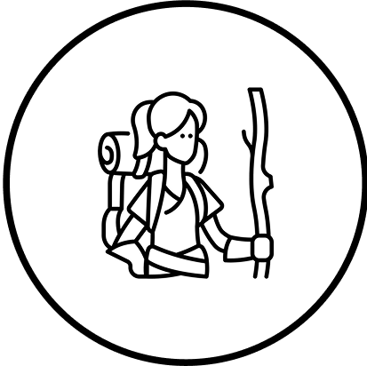Line drawing of a hiker with a backpack and walking stick.