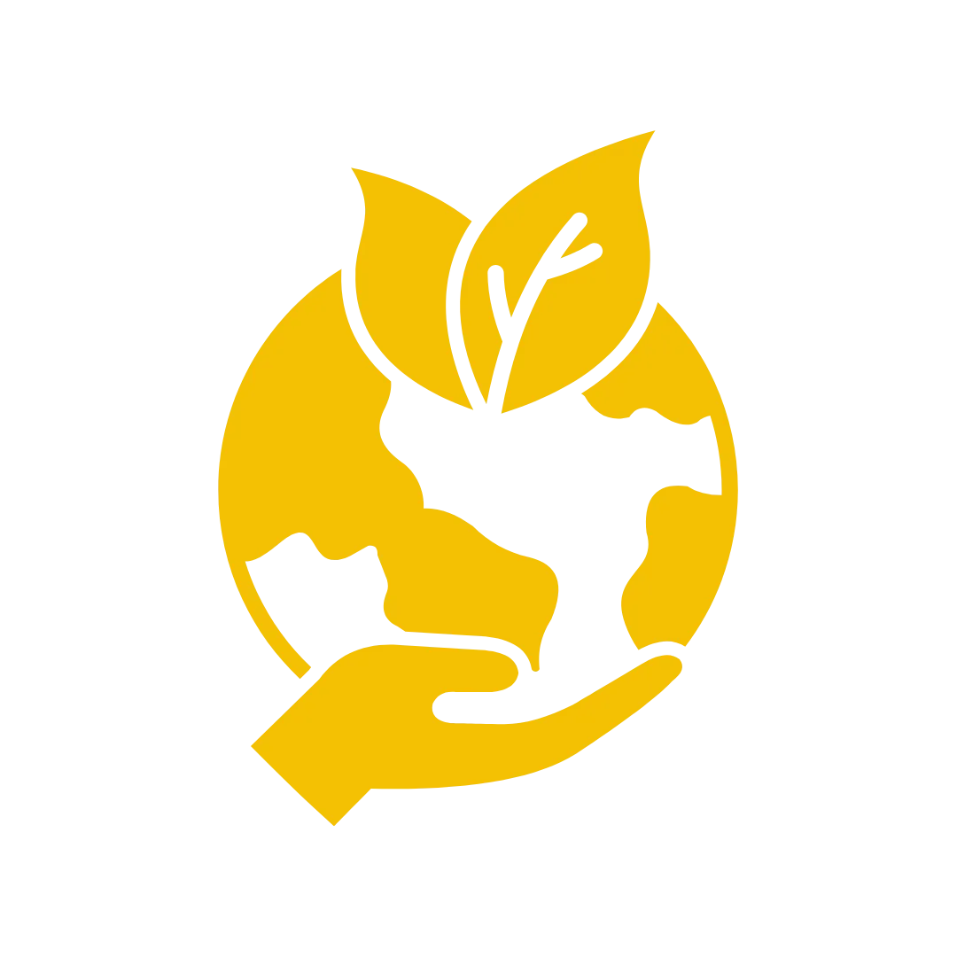 Yellow globe and leaf in a hand icon.