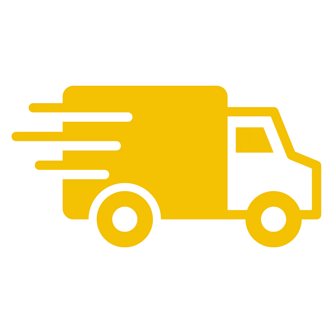 Yellow delivery truck icon with motion lines on a green background.